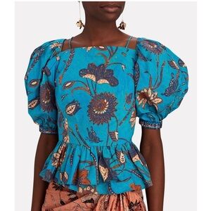 Ulla Johnson Puff-Sleeve Blue Floral Peplum Carlotta Blouse Size Small/4